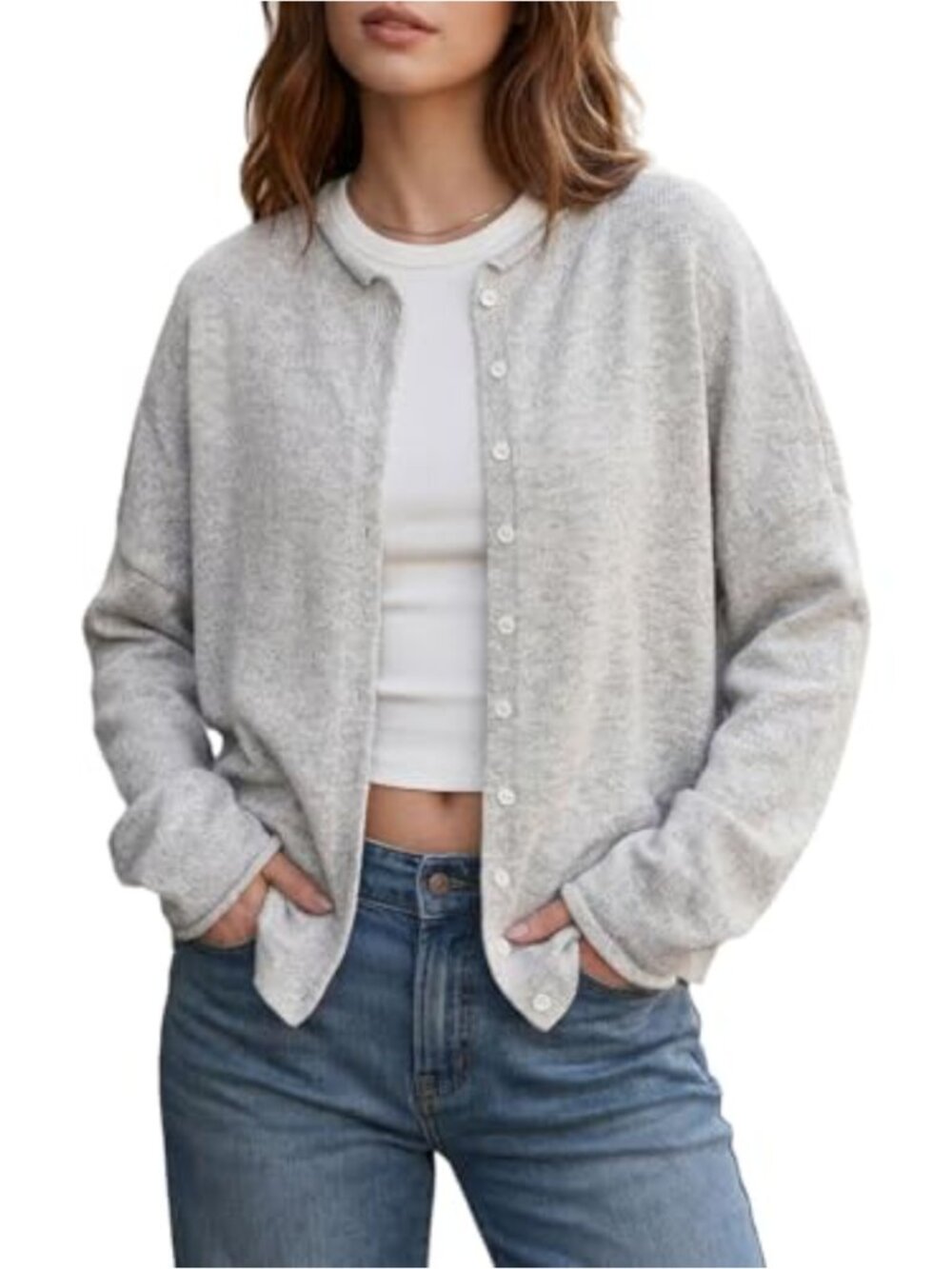 Women's Button Up Cardigan, Long Sleeve Crew Neck Knit Sweater, Open Front